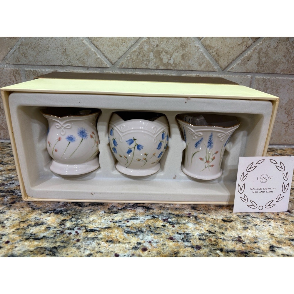 Lenox Classic Candle Votives Set Of 3 With Tea Lights Porcelain Blue Flower